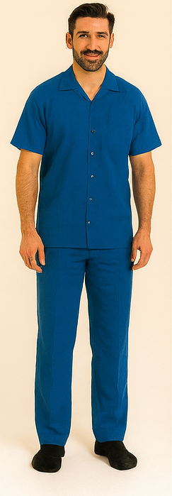 Men's Short Sleeve 2 Piece Casual Two Piece Mens Walking Outfit For Sale Pant Sets Set With Long Pants 100% Linen Royal Shirt - Image 4