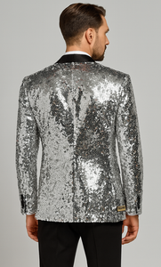Silver Sequin Tuxedo Jacket for Men with Black Satin Lapel