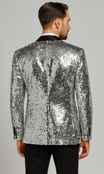 Silver Sequin Tuxedo Jacket for Men with Black Satin Lapel