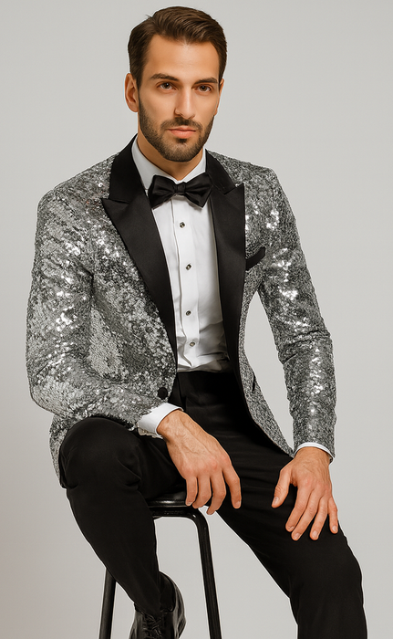 Silver Sequin Tuxedo Jacket for Men with Black Satin Lapel