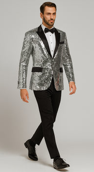 Silver Sequin Tuxedo Jacket for Men with Black Satin Lapel