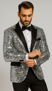 Silver Sequin Tuxedo Jacket for Men with Black Satin Lapel
