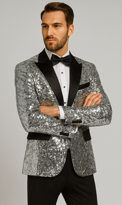 Silver Sequin Tuxedo Jacket for Men with Black Satin Lapel