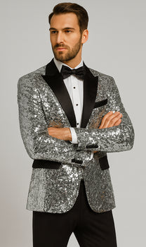 Silver Sequin Tuxedo Jacket for Men with Black Satin Lapel