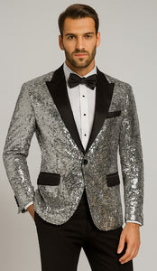 Silver Sequin Tuxedo Jacket for Men with Black Satin Lapel