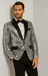 Silver Sequin Tuxedo Jacket for Men with Black Satin Lapel