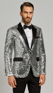 Silver Sequin Tuxedo Jacket for Men with Black Satin Lapel