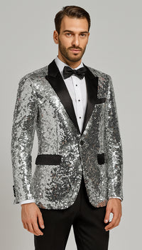Silver Sequin Tuxedo Jacket for Men with Black Satin Lapel