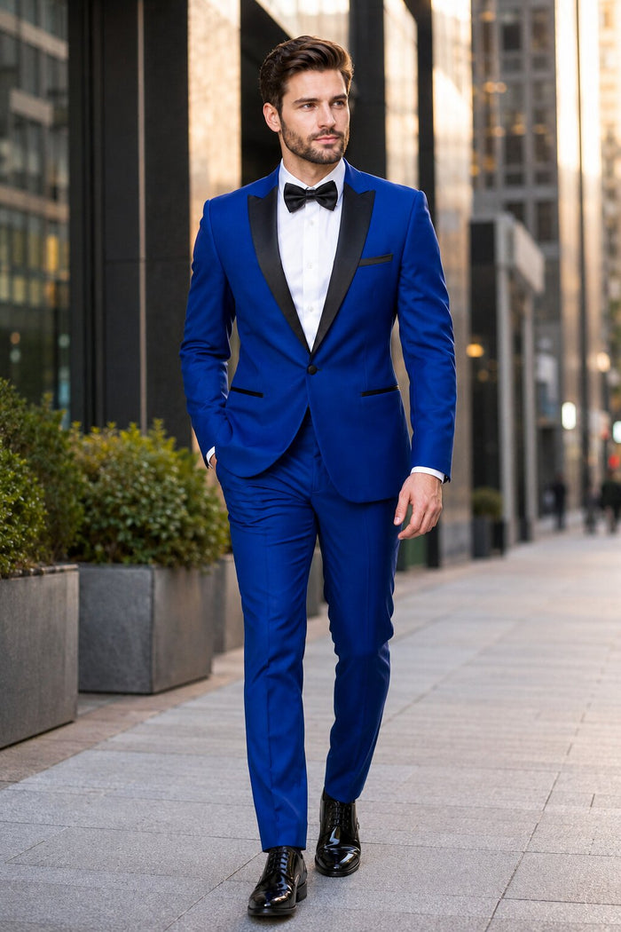 Men'S 1 Button Royal Blue Tuxedo Black Lapeled Dress Suits For Men Dinner Jacket