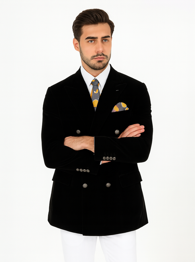 Mens Slim Fit Double Breasted With Brass Buttons - Black Sportcoat