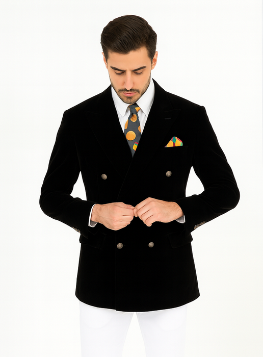 Mens Slim Fit Double Breasted With Brass Buttons - Black Sportcoat
