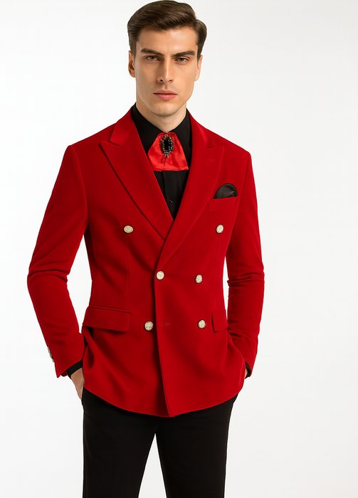 Mens Slim Fit Double Breasted With Brass Buttons - Red Sportcoat