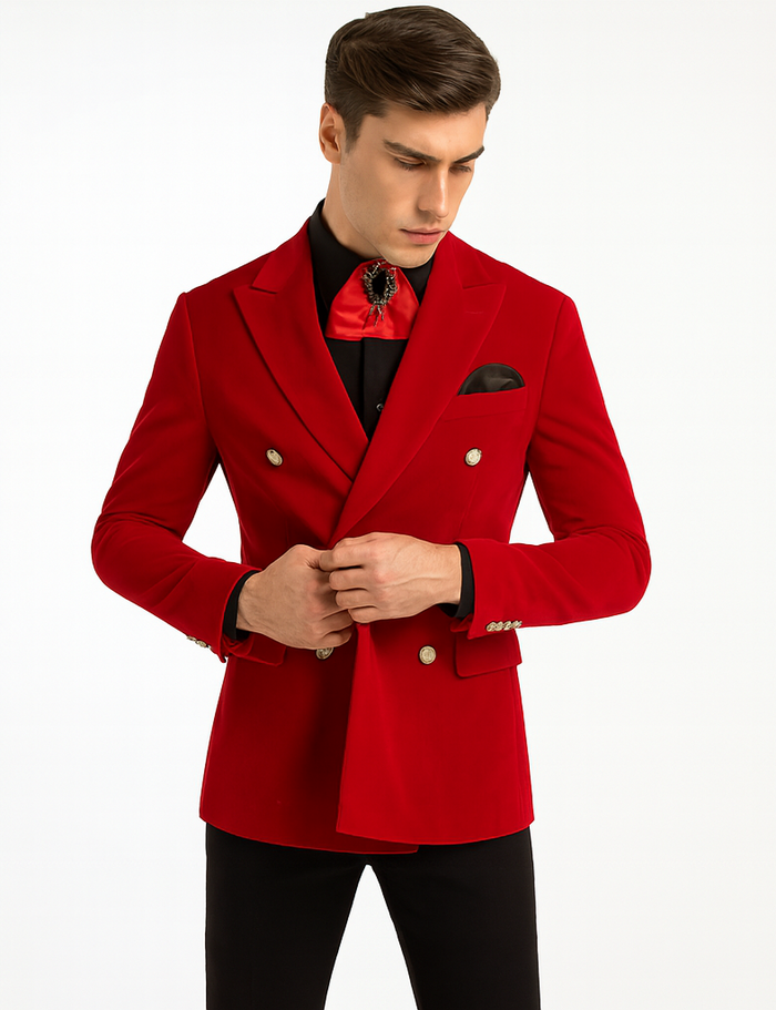 Mens Slim Fit Double Breasted With Brass Buttons - Red Sportcoat