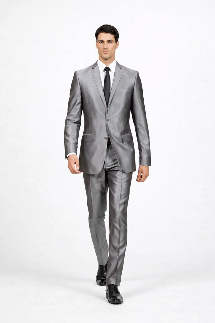 Men'S Slim Fit Grey Charcoal Shiny Sharkskin Suit - Image 3