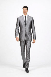 Men'S Slim Fit Grey Charcoal Shiny Sharkskin Suit