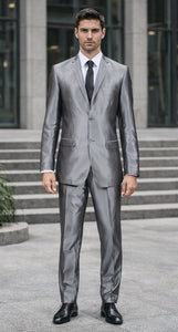 Men'S Slim Fit Grey Charcoal Shiny Sharkskin Suit