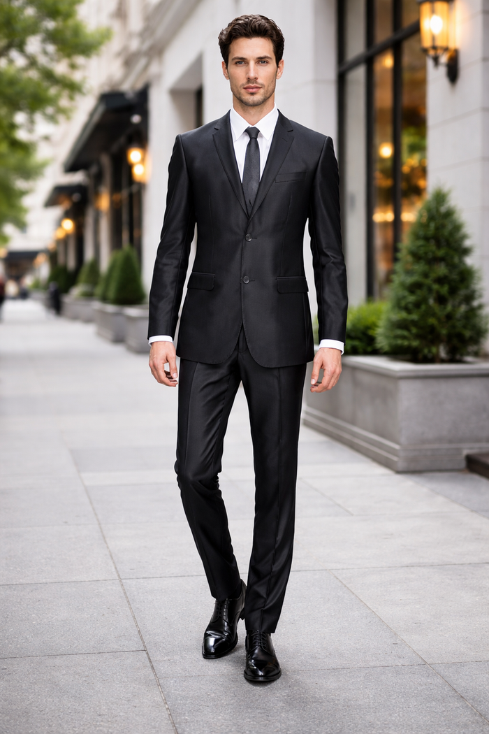 Men's Slim Fit Shiny Black Sharkskin Suit - Image 8