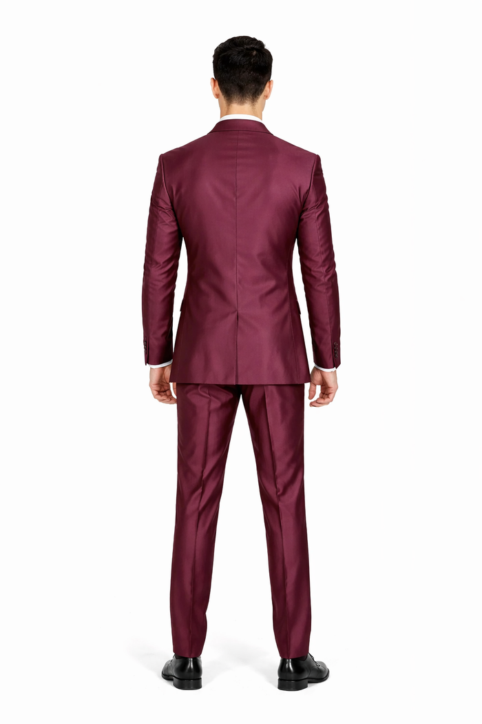 Men'S Slim Fit Shiny Burgundy ~ Maroon Suit ~ Wine Color Sharkskin Cheap Business Suits Clearance Sale - Image 5