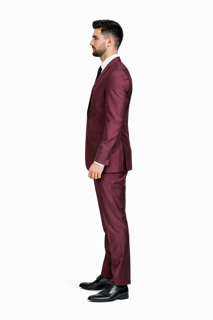 Men'S Slim Fit Shiny Burgundy ~ Maroon Suit ~ Wine Color Sharkskin Cheap Business Suits Clearance Sale - Image 2