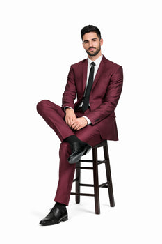 Men'S Slim Fit Shiny Burgundy ~ Maroon Suit ~ Wine Color Sharkskin Cheap Business Suits Clearance Sale - Image 3