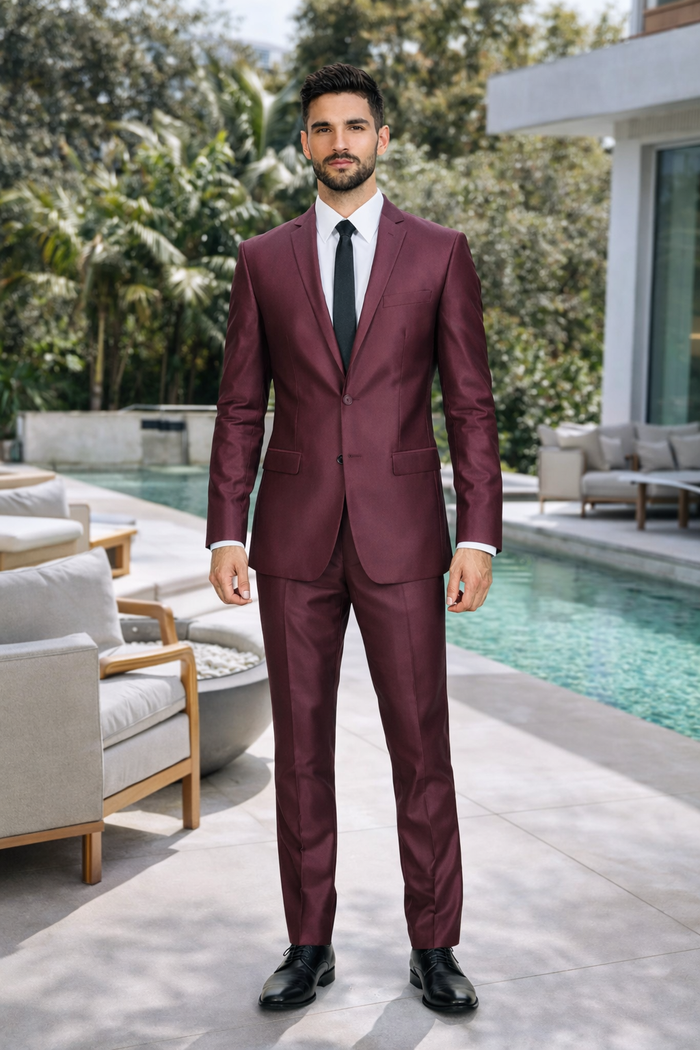 Men'S Slim Fit Shiny Burgundy ~ Maroon Suit ~ Wine Color Sharkskin Cheap Business Suits Clearance Sale - Image 6