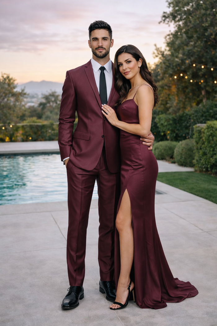 Men'S Slim Fit Shiny Burgundy ~ Maroon Suit ~ Wine Color Sharkskin Cheap Business Suits Clearance Sale - Image 7