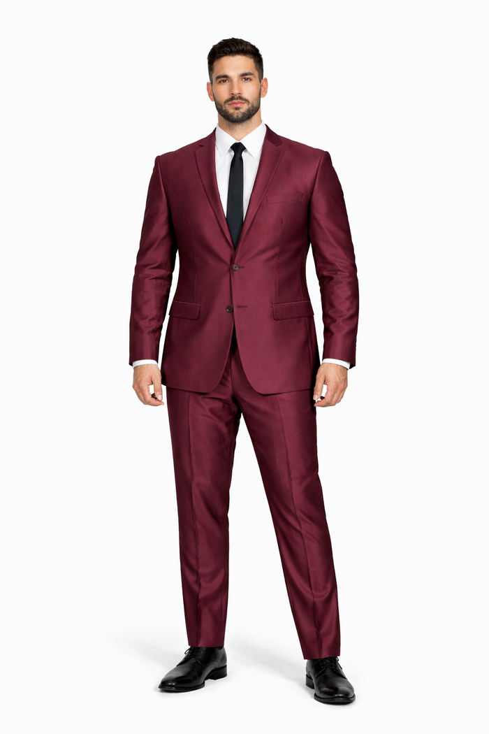 Men'S Slim Fit Shiny Burgundy ~ Maroon Suit ~ Wine Color Sharkskin Cheap Business Suits Clearance Sale - Image 4