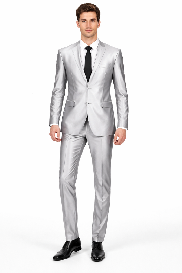 Men'S Slim Fit Shiny Silver Tuxedo Formal Looking Sharkskin Suit