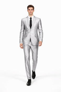 Men'S Slim Fit Shiny Silver Tuxedo Formal Looking Sharkskin Suit - Image 3