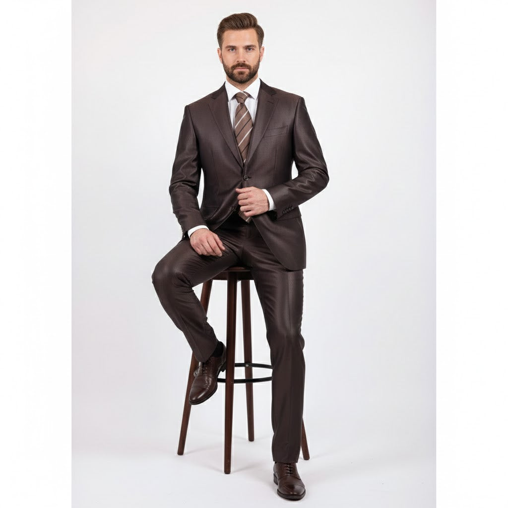 Men's Slim Fit Suit - Fitted Suit - Skinny Suit Men's Shiny Brown Two Button Two Piece Suit On Sale Men's Sharkskin Suit - Image 4