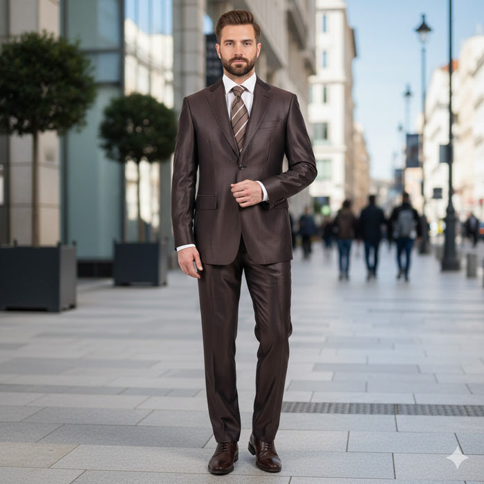Men's Slim Fit Suit - Fitted Suit - Skinny Suit Men's Shiny Brown Two Button Two Piece Suit On Sale Men's Sharkskin Suit - Image 6