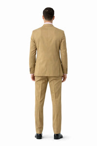Men's Slim Fitted Solid Khaki - Camel - Bronz  2 Button Suit With Flat Front Pants