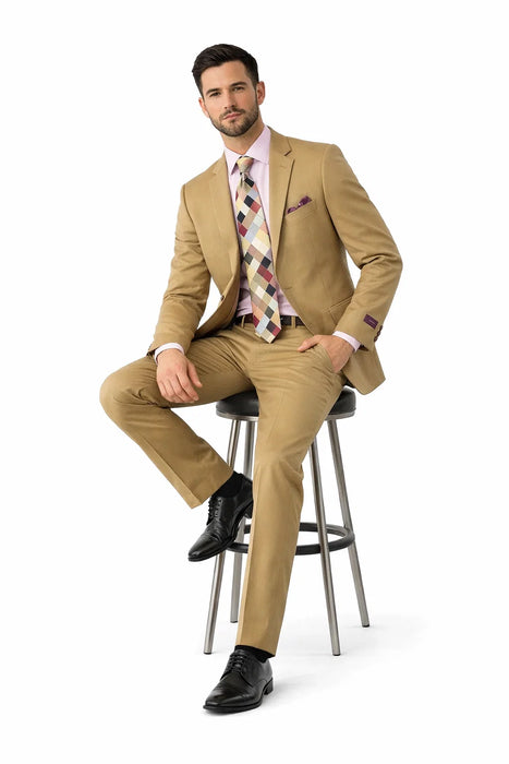 Men's Slim Fitted Solid Khaki - Camel - Bronz  2 Button Suit With Flat Front Pants