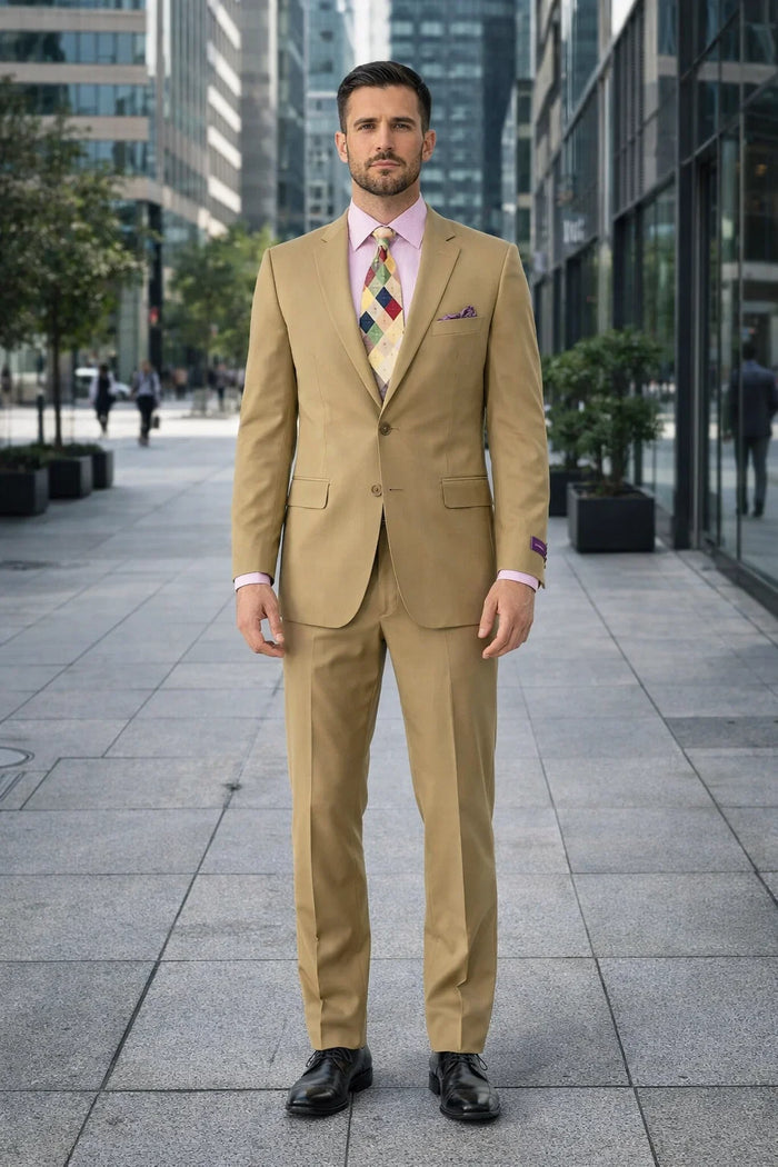 Men's Slim Fitted Solid Khaki - Camel - Bronz  2 Button Suit With Flat Front Pants - Image 6