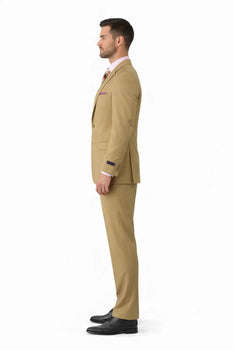 Men's Slim Fitted Solid Khaki - Camel - Bronz  2 Button Suit With Flat Front Pants - Image 7