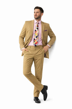 Men's Slim Fitted Solid Khaki - Camel - Bronz  2 Button Suit With Flat Front Pants - Image 4