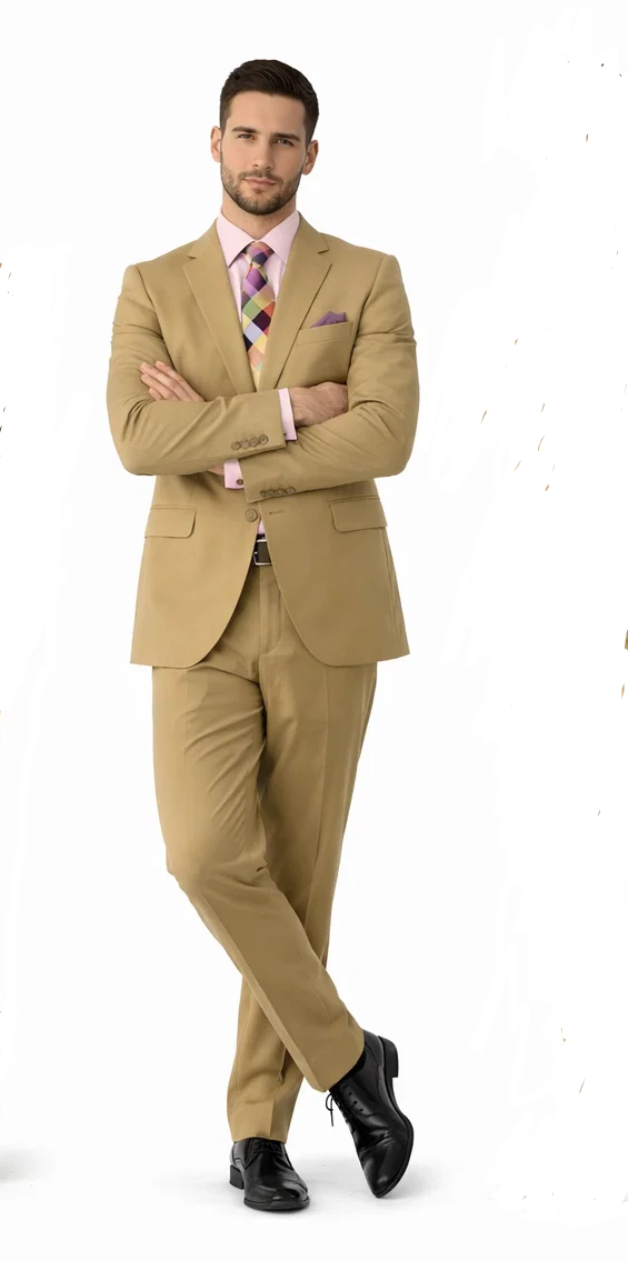 Men's Slim Fitted Solid Khaki - Camel - Bronz  2 Button Suit With Flat Front Pants - Image 8