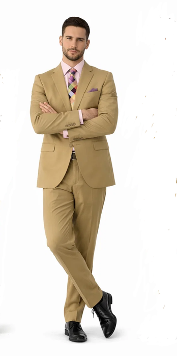 Men's Slim Fitted Solid Khaki - Camel - Bronz  2 Button Suit With Flat Front Pants