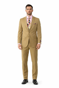 Men's Slim Fitted Solid Khaki - Camel - Bronz  2 Button Suit With Flat Front Pants