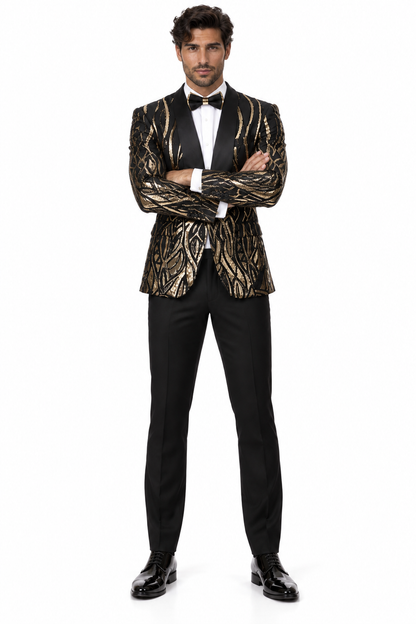 EJ Samuel Black & Gold Sequin Shawl Lapel Tuxedo Jacket