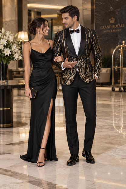 EJ Samuel Black & Gold Sequin Shawl Lapel Tuxedo Jacket