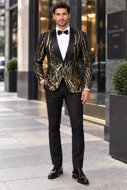EJ Samuel Black & Gold Sequin Shawl Lapel Tuxedo Jacket