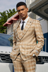 Marc Darcy Wedding Suits Men's Stacy Adam's One Button Peak Lapel Vested Suit in Light Tan Glen Plaid