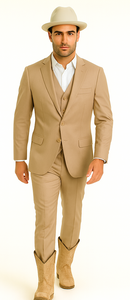 Mens Stacy Adams Suit - Designer Suit - 3 Piece Suit - Vested Suit - Flat Front Pant- Modern Fit Suits Tan Suit
