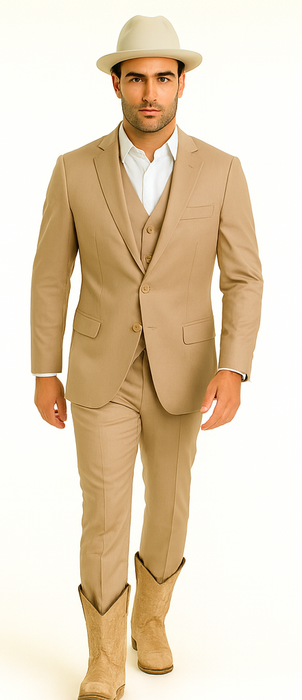 Mens Stacy Adams Suit - Designer Suit - 3 Piece Suit - Vested Suit - Flat Front Pant- Modern Fit Suits Tan Suit