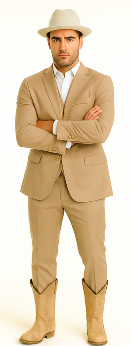 Mens Stacy Adams Suit - Designer Suit - 3 Piece Suit - Vested Suit - Flat Front Pant- Modern Fit Suits Tan Suit