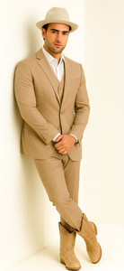 Mens Stacy Adams Suit - Designer Suit - 3 Piece Suit - Vested Suit - Flat Front Pant- Modern Fit Suits Tan Suit