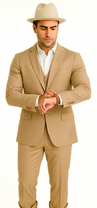 Mens Stacy Adams Suit - Designer Suit - 3 Piece Suit - Vested Suit - Flat Front Pant- Modern Fit Suits Tan Suit