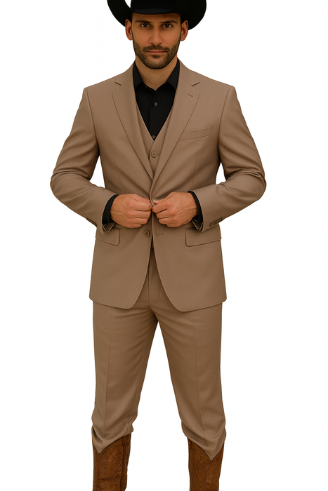 Mens Stacy Adams Suit - Designer Suit - 3 Piece Suit - Vested Suit - Flat Front Pant- Modern Fit Suits Tan Suit