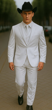 Mens Stacy Adams Suit - Designer Suit - 3 Piece Suit - Vested Suit - Flat Front Pant- Modern Fit Suits White Suit